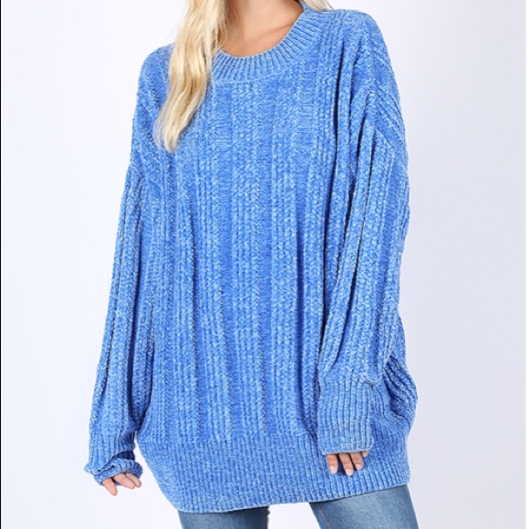 Zenana Outfitters Sweaters - Oversized chenille velvet yarn sweater in blue